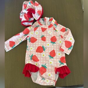 Amazon Essentials Pink Strawberry Print Long-Sleeve One-Piece Swimsuit with Cap